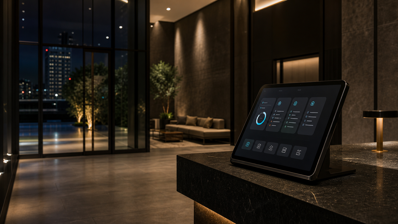 Lobby residencial con kiosk