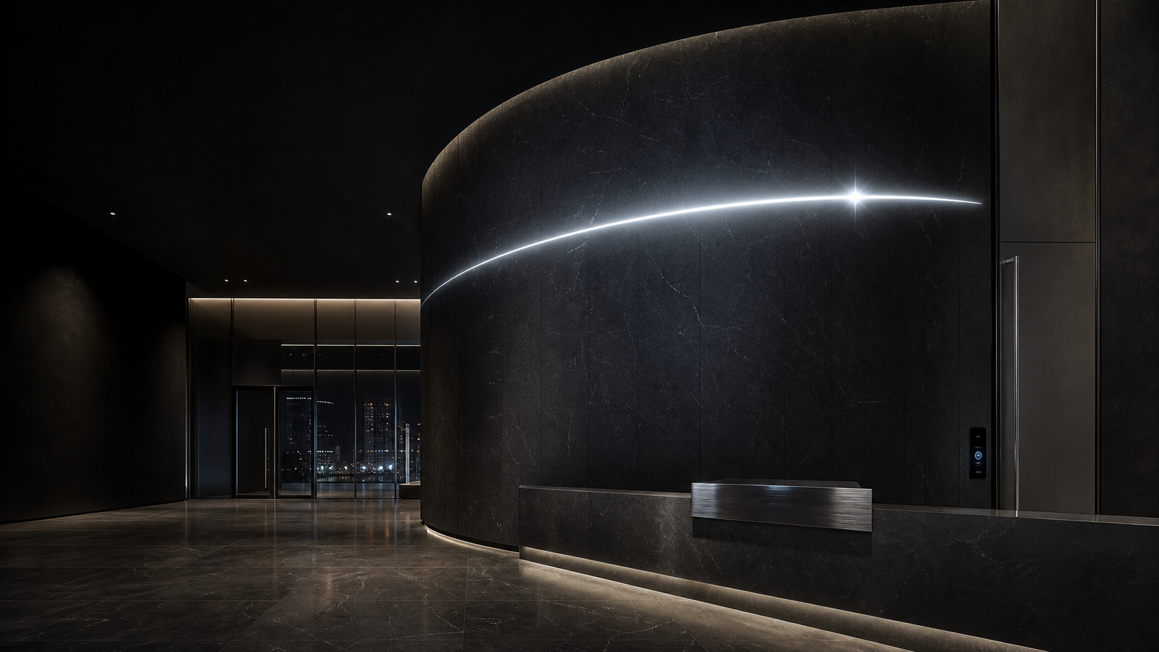 Lobby residencial de piedra negra con una línea de luz orbital